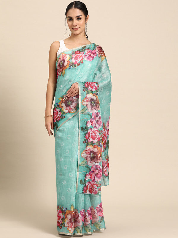 Turquoise Cotton Blend Digital Print Floral Saree with Unstitched Blouse - Hiral Fashion | Swadesiicart