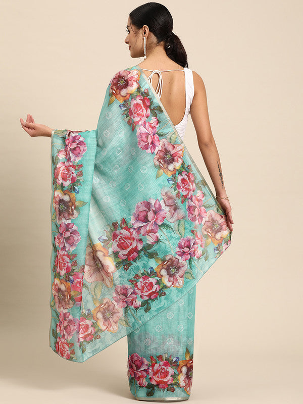 Turquoise Cotton Blend Digital Print Floral Saree with Unstitched Blouse - Hiral Fashion | Swadesiicart