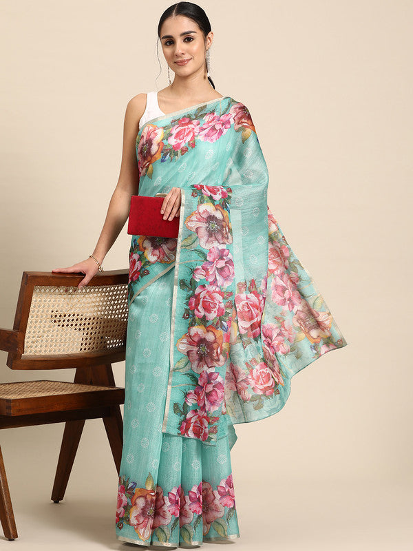 Turquoise Cotton Blend Digital Print Floral Saree with Unstitched Blouse - Hiral Fashion | Swadesiicart