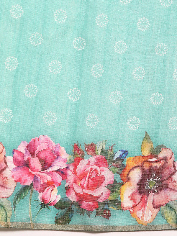 Turquoise Cotton Blend Digital Print Floral Saree with Unstitched Blouse - Hiral Fashion | Swadesiicart