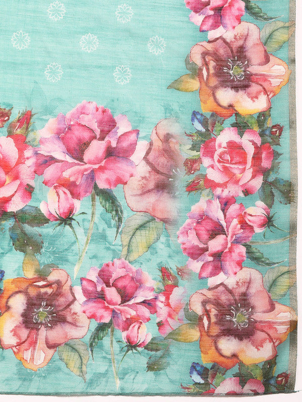 Turquoise Cotton Blend Digital Print Floral Saree with Unstitched Blouse - Hiral Fashion | Swadesiicart