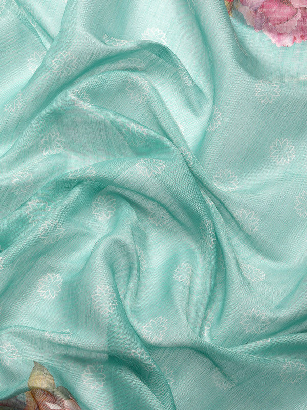 Turquoise Cotton Blend Digital Print Floral Saree with Unstitched Blouse - Hiral Fashion | Swadesiicart