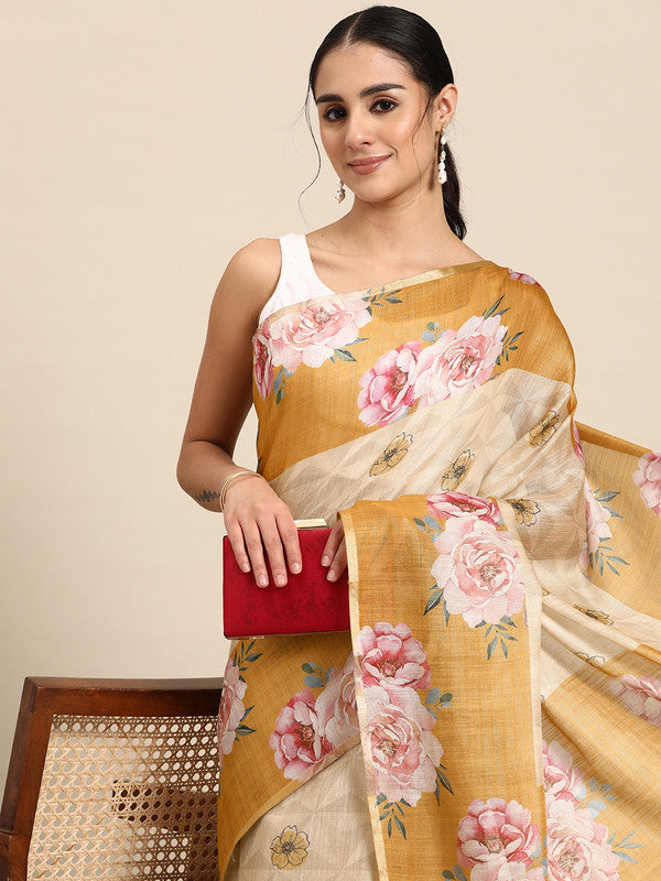 Beige Cotton Blend Digital Print Floral Saree with Unstitched Blouse - Hiral Fashion | Swadesiicart