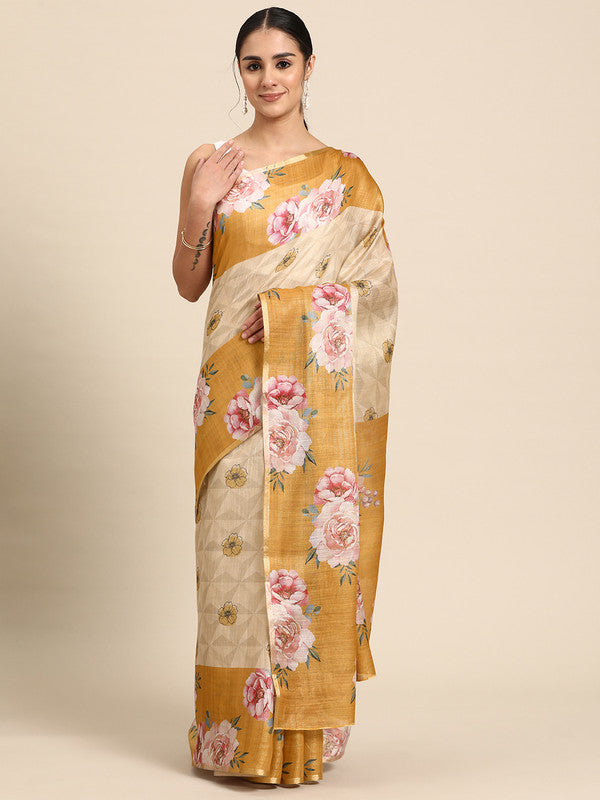 Beige Cotton Blend Digital Print Floral Saree with Unstitched Blouse - Hiral Fashion | Swadesiicart