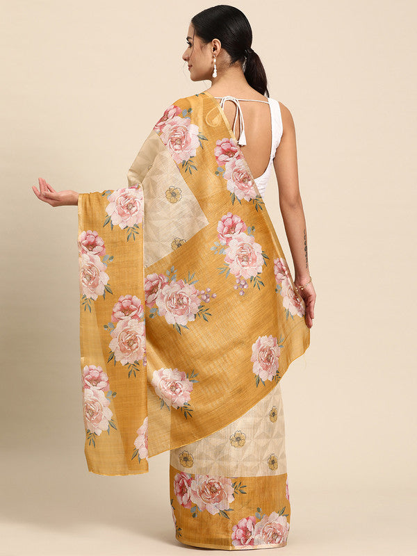 Beige Cotton Blend Digital Print Floral Saree with Unstitched Blouse - Hiral Fashion | Swadesiicart