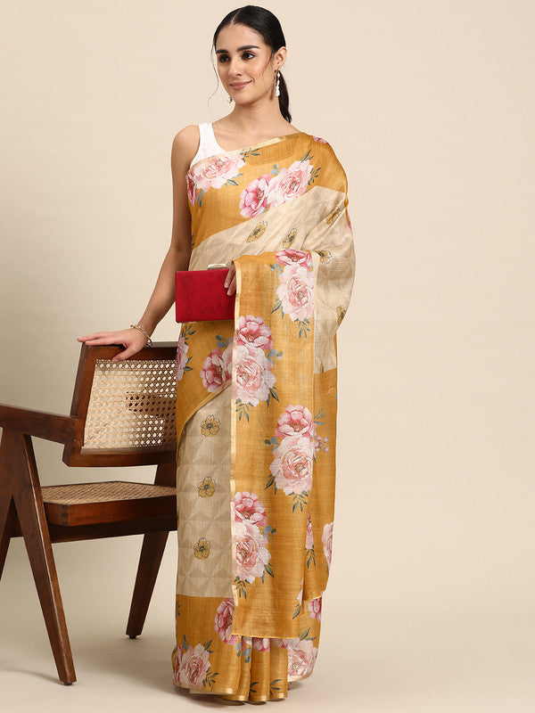 Beige Cotton Blend Digital Print Floral Saree with Unstitched Blouse - Hiral Fashion | Swadesiicart