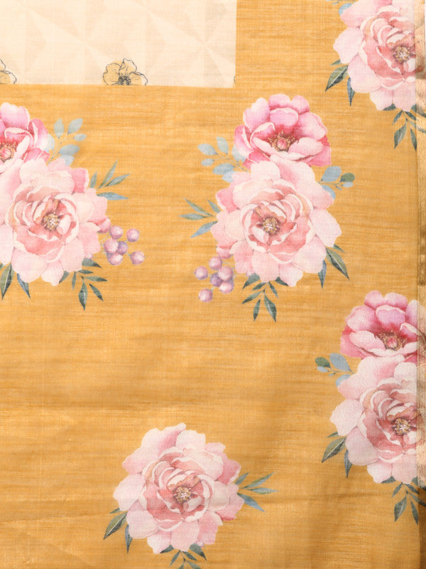 Beige Cotton Blend Digital Print Floral Saree with Unstitched Blouse - Hiral Fashion | Swadesiicart