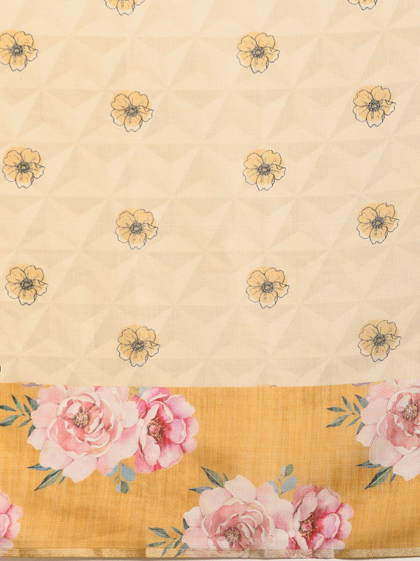 Beige Cotton Blend Digital Print Floral Saree with Unstitched Blouse - Hiral Fashion | Swadesiicart