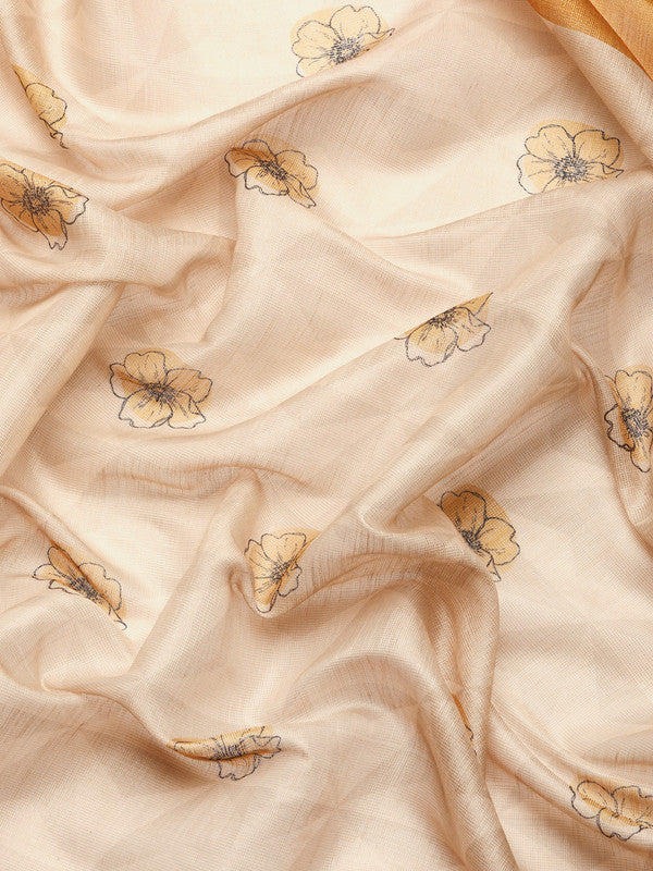 Beige Cotton Blend Digital Print Floral Saree with Unstitched Blouse - Hiral Fashion | Swadesiicart