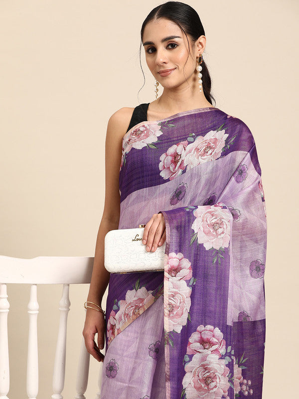Lavender Cotton Blend Digital Print Floral Saree with Unstitched Blouse - Hiral Fashion | Swadesiicart