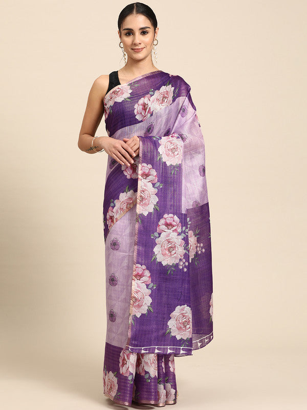 Lavender Cotton Blend Digital Print Floral Saree with Unstitched Blouse - Hiral Fashion | Swadesiicart