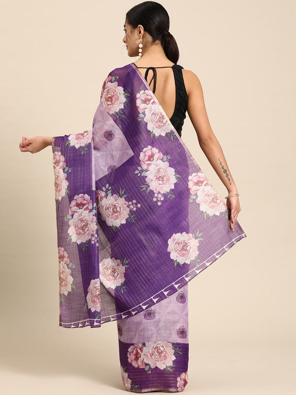 Lavender Cotton Blend Digital Print Floral Saree with Unstitched Blouse - Hiral Fashion | Swadesiicart