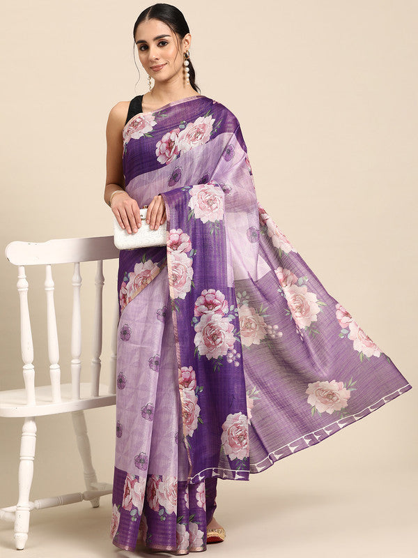 Lavender Cotton Blend Digital Print Floral Saree with Unstitched Blouse - Hiral Fashion | Swadesiicart