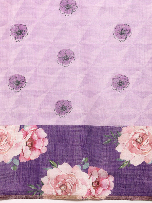 Lavender Cotton Blend Digital Print Floral Saree with Unstitched Blouse - Hiral Fashion | Swadesiicart