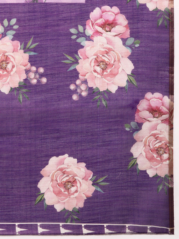 Lavender Cotton Blend Digital Print Floral Saree with Unstitched Blouse - Hiral Fashion | Swadesiicart