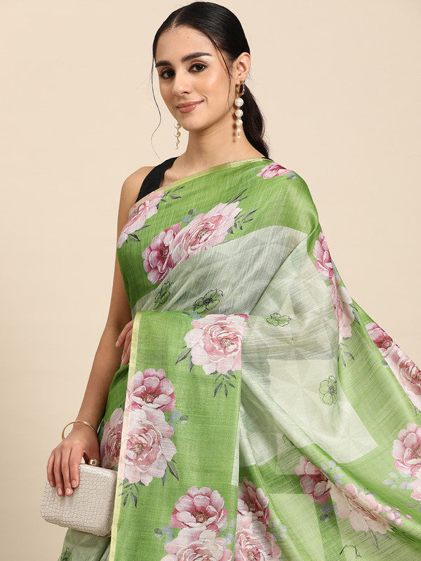 Olive Cotton Blend Digital Print Floral Saree with Unstitched Blouse - Hiral Fashion | Swadesiicart