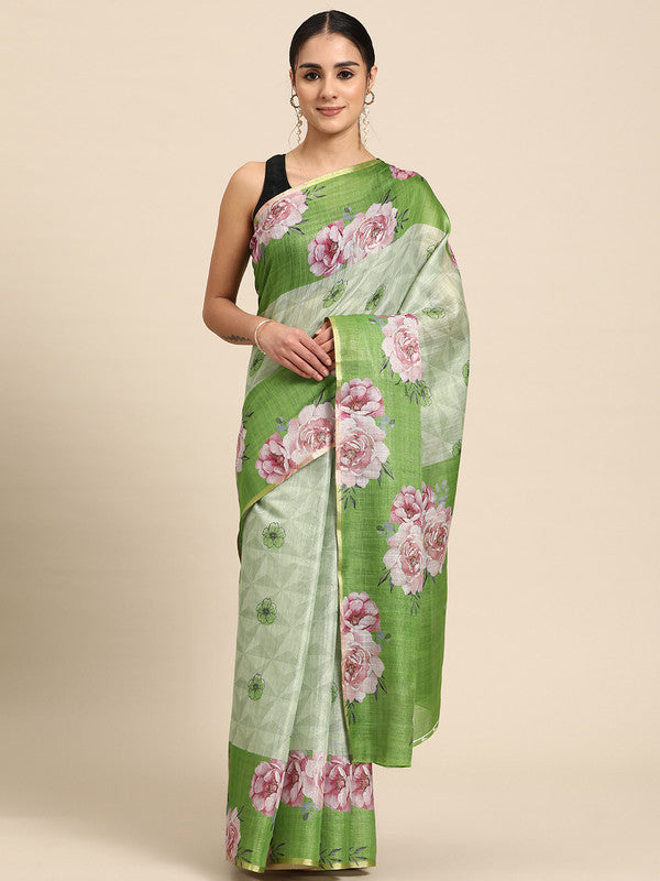 Olive Cotton Blend Digital Print Floral Saree with Unstitched Blouse - Hiral Fashion | Swadesiicart