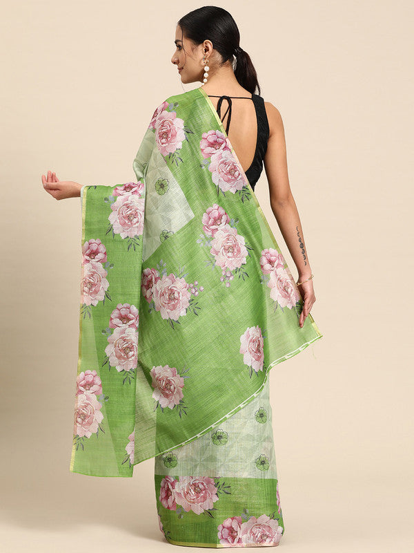 Olive Cotton Blend Digital Print Floral Saree with Unstitched Blouse - Hiral Fashion | Swadesiicart