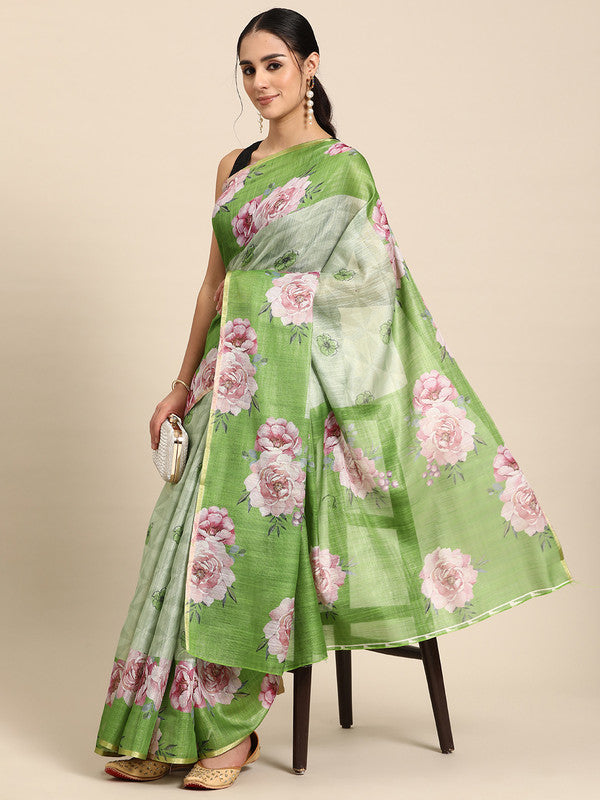 Olive Cotton Blend Digital Print Floral Saree with Unstitched Blouse - Hiral Fashion | Swadesiicart