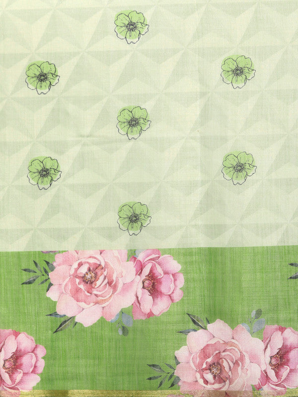 Olive Cotton Blend Digital Print Floral Saree with Unstitched Blouse - Hiral Fashion | Swadesiicart