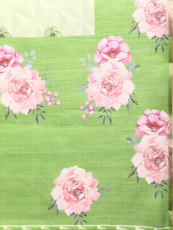 Olive Cotton Blend Digital Print Floral Saree with Unstitched Blouse - Hiral Fashion | Swadesiicart