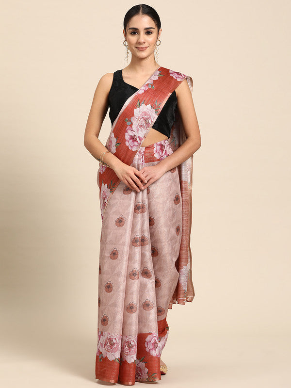 Peach Cotton Blend Digital Print Floral Saree with Unstitched Blouse - Hiral Fashion | Swadesiicart