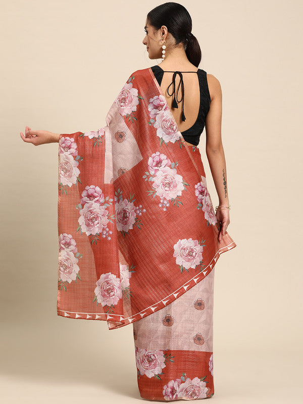 Peach Cotton Blend Digital Print Floral Saree with Unstitched Blouse - Hiral Fashion | Swadesiicart