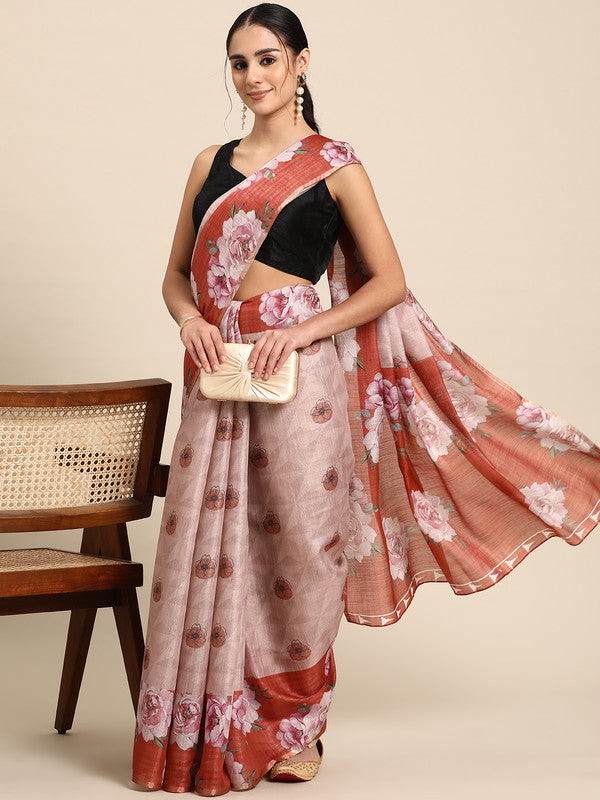 Peach Cotton Blend Digital Print Floral Saree with Unstitched Blouse - Hiral Fashion | Swadesiicart