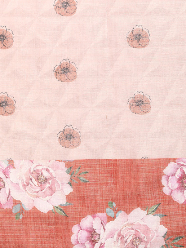 Peach Cotton Blend Digital Print Floral Saree with Unstitched Blouse - Hiral Fashion | Swadesiicart