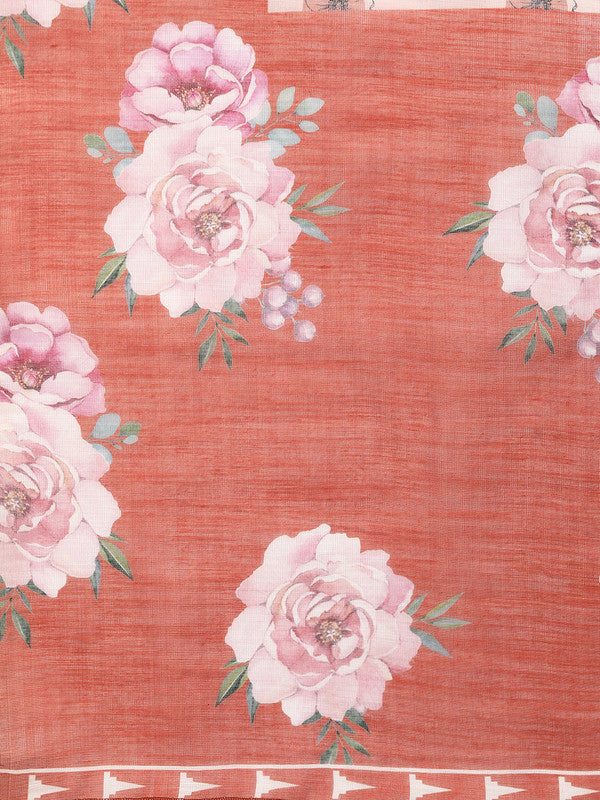 Peach Cotton Blend Digital Print Floral Saree with Unstitched Blouse - Hiral Fashion | Swadesiicart