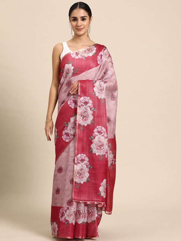 Pink Cotton Blend Digital Print Floral Saree with Unstitched Blouse - Hiral Fashion | Swadesiicart