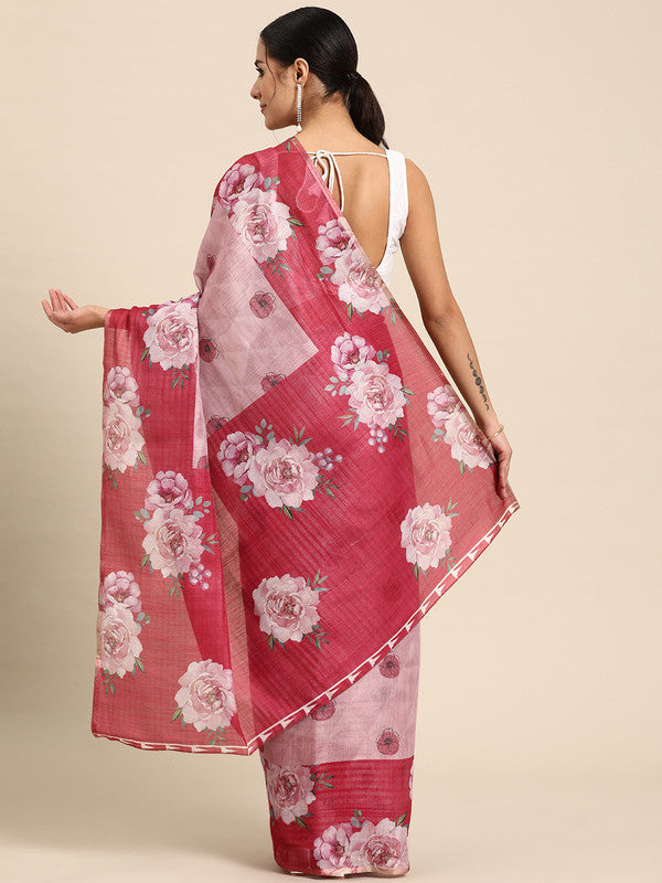 Pink Cotton Blend Digital Print Floral Saree with Unstitched Blouse - Hiral Fashion | Swadesiicart