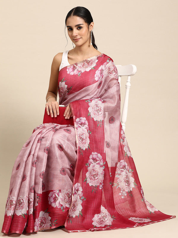 Pink Cotton Blend Digital Print Floral Saree with Unstitched Blouse - Hiral Fashion | Swadesiicart