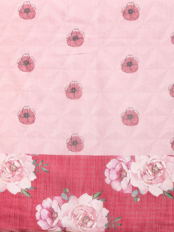 Pink Cotton Blend Digital Print Floral Saree with Unstitched Blouse - Hiral Fashion | Swadesiicart