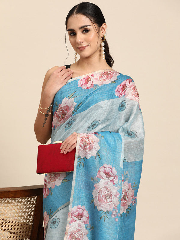 Turquoise Cotton Blend Digital Print Floral Saree with Unstitched Blouse - Hiral Fashion | Swadesiicart