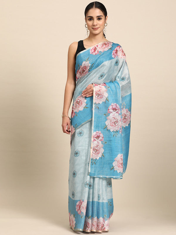 Turquoise Cotton Blend Digital Print Floral Saree with Unstitched Blouse - Hiral Fashion | Swadesiicart