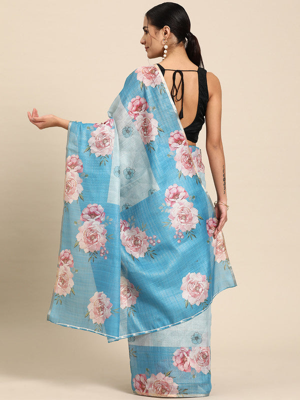 Turquoise Cotton Blend Digital Print Floral Saree with Unstitched Blouse - Hiral Fashion | Swadesiicart