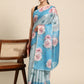 Turquoise Cotton Blend Digital Print Floral Saree with Unstitched Blouse - Hiral Fashion | Swadesiicart