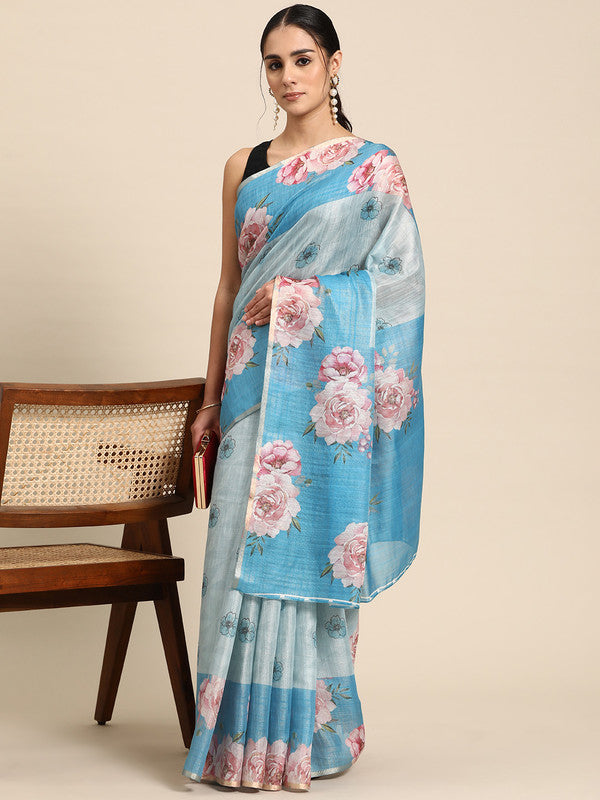 Turquoise Cotton Blend Digital Print Floral Saree with Unstitched Blouse - Hiral Fashion | Swadesiicart