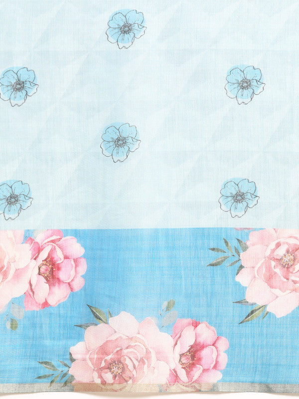 Turquoise Cotton Blend Digital Print Floral Saree with Unstitched Blouse - Hiral Fashion | Swadesiicart