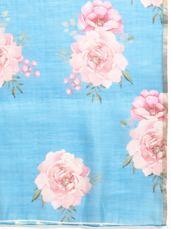 Turquoise Cotton Blend Digital Print Floral Saree with Unstitched Blouse - Hiral Fashion | Swadesiicart