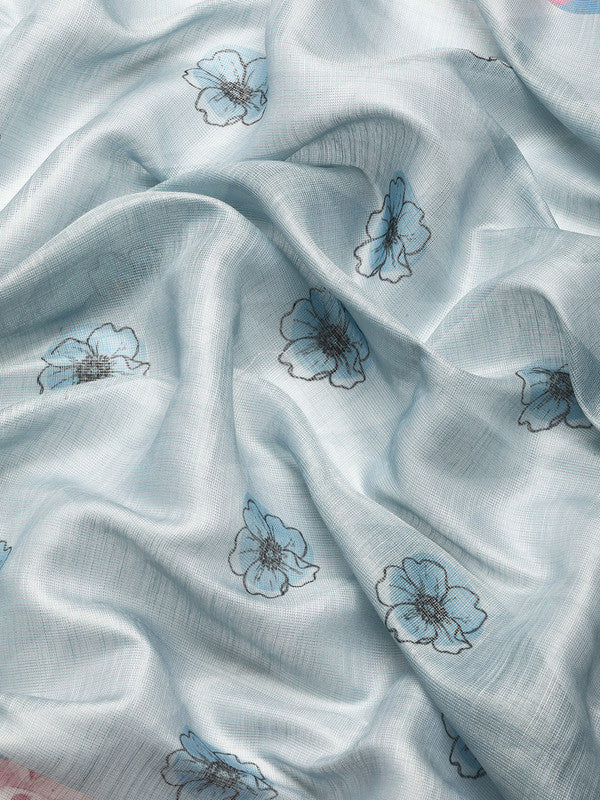 Turquoise Cotton Blend Digital Print Floral Saree with Unstitched Blouse - Hiral Fashion | Swadesiicart