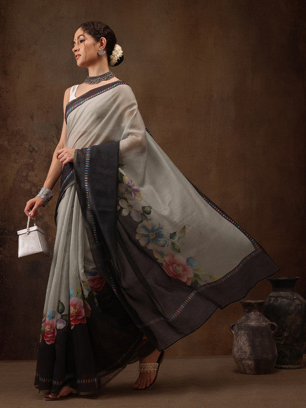 Gray Cotton Blend Digital Print Floral Saree with Unstitched Blouse - Hiral Fashion | Swadesiicart