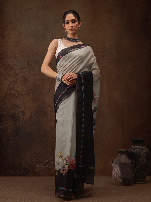 Gray Cotton Blend Digital Print Floral Saree with Unstitched Blouse - Hiral Fashion | Swadesiicart