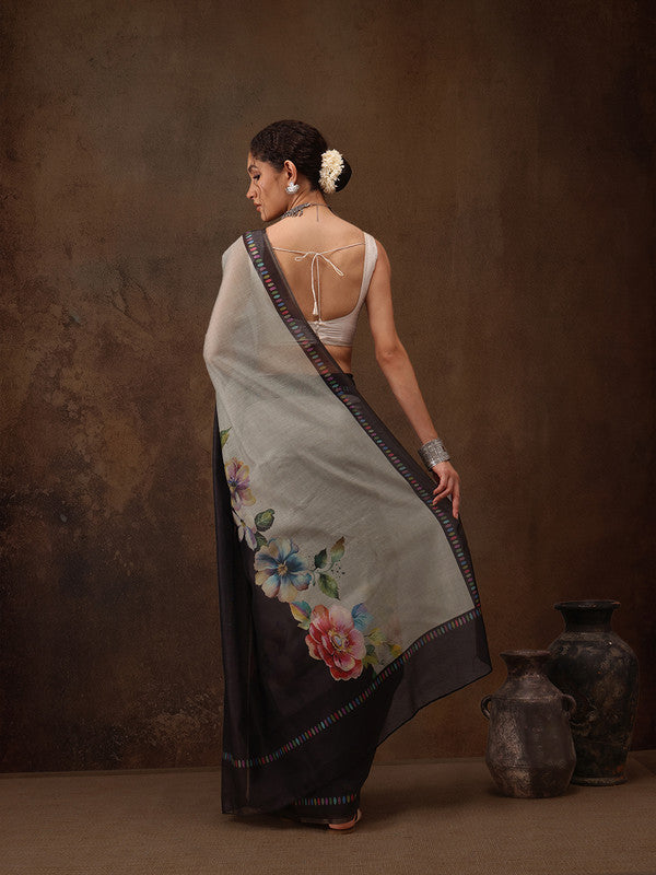Gray Cotton Blend Digital Print Floral Saree with Unstitched Blouse - Hiral Fashion | Swadesiicart
