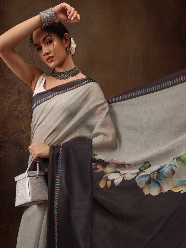 Gray Cotton Blend Digital Print Floral Saree with Unstitched Blouse - Hiral Fashion | Swadesiicart