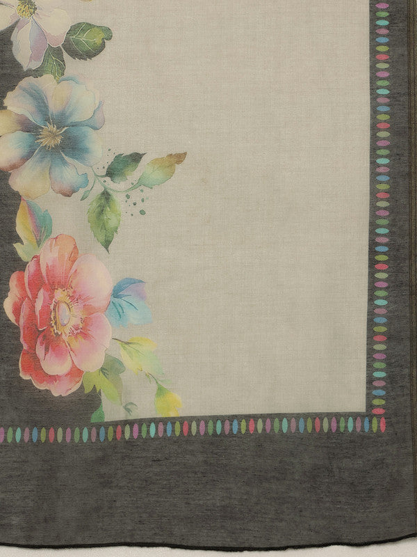 Gray Cotton Blend Digital Print Floral Saree with Unstitched Blouse - Hiral Fashion | Swadesiicart