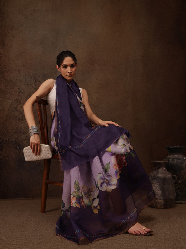 Lavender Cotton Blend Digital Print Floral Saree with Unstitched Blouse - Hiral Fashion | Swadesiicart