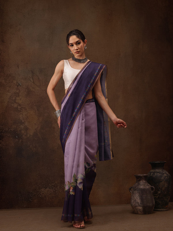 Lavender Cotton Blend Digital Print Floral Saree with Unstitched Blouse - Hiral Fashion | Swadesiicart