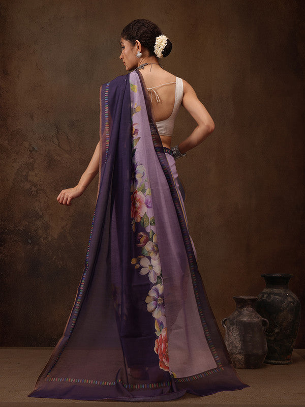 Lavender Cotton Blend Digital Print Floral Saree with Unstitched Blouse - Hiral Fashion | Swadesiicart
